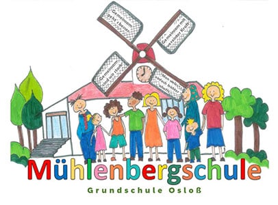 Buntes Schulplakat der Grundschule Mühlenbergschule Osloß mit Kindern und Windmühle, symbolisiert eine einladende Lernumgebung für Grundschüler.